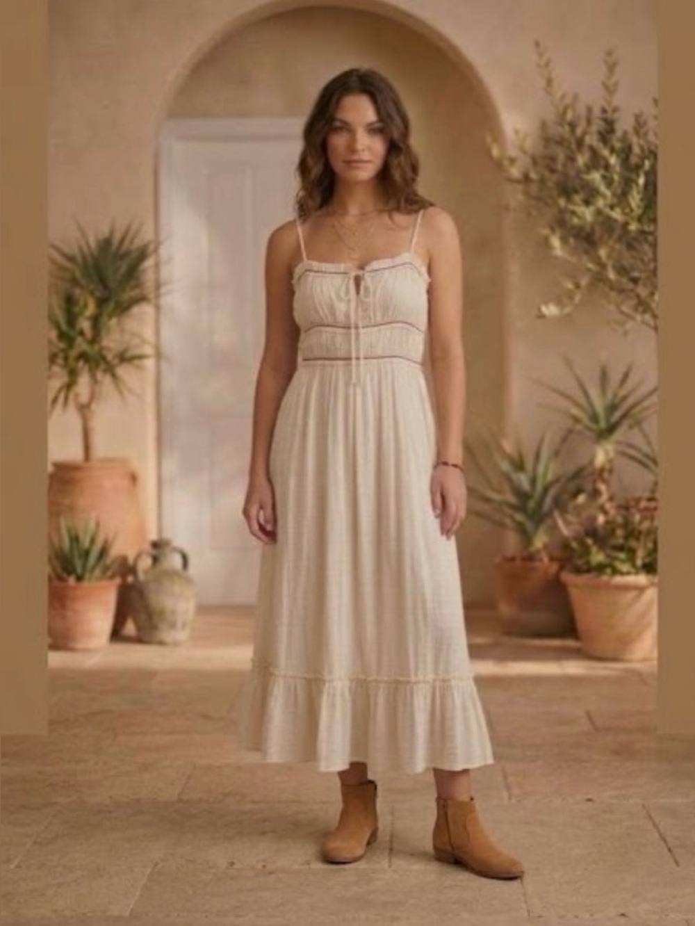 NWT Sincerely Jules Cream Maxi Dress with Ruffle Accents Peasant Boho  Small
